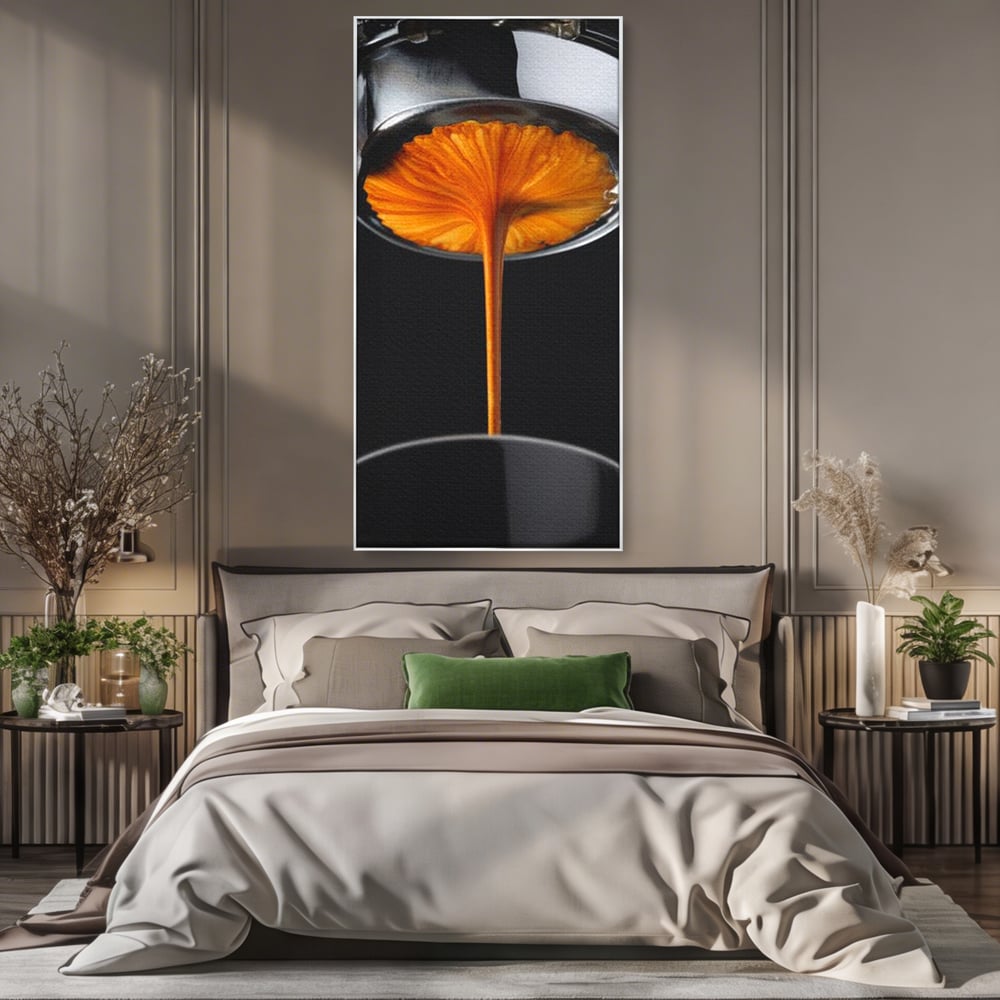 Tablou canvas cu tablou canvas cu jet de espresso, in rama de aluminiu argintiu, pe perete intr-un dormitor